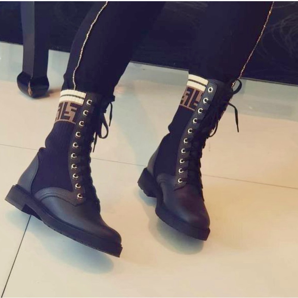 Fendi Rockoko Leather & Knit Combat Boots- Woman’s 7/37